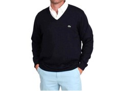 Lacoste V-neck Jumper Wool Blend Sweater Navy Blue Long Sleeve Mens Size: Large