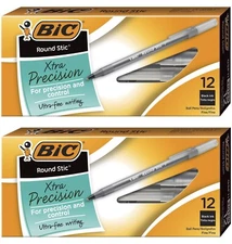 Round Stic Xtra Precision Stick Ballpoint Pen 0.8mm Black Ink SmokeBarrel 24 pcs