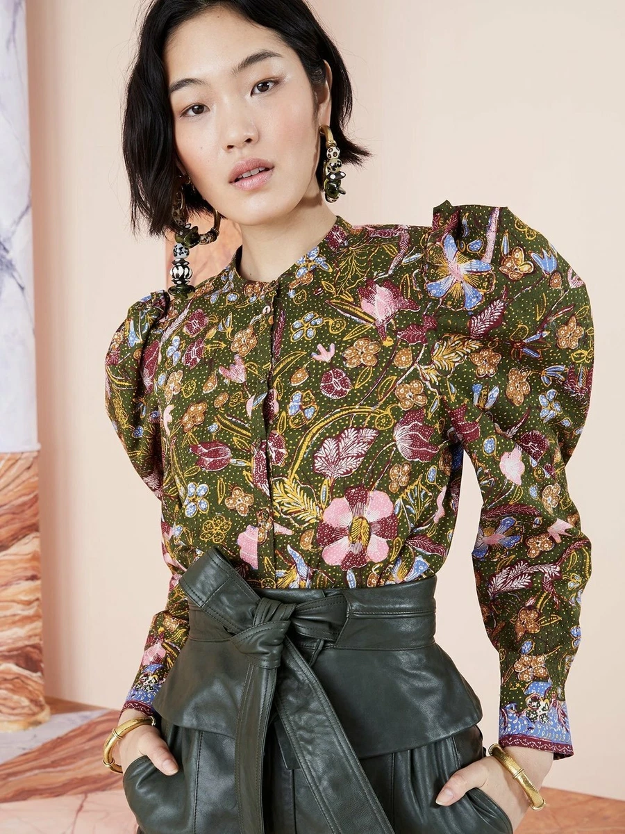 NWT Ulla Johnson Willa Blouse Puff Sleeves Pine Floral Size 0 2 275