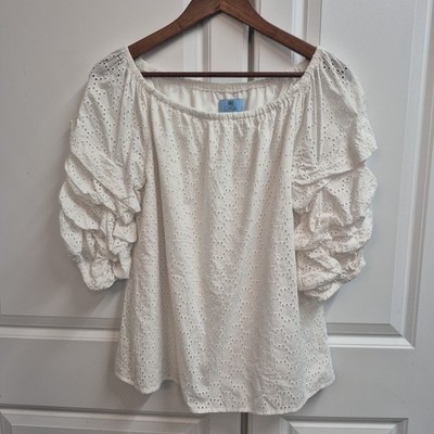 Boho, Chic, Romantic CeCe White  Eyelet Blouse Ruched Puff Sleeves Women's Sz. M
