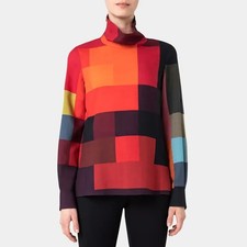 Akris Interior Abstract Pixel Print Top Blouse Wool Funnel Neck Check Squares 14