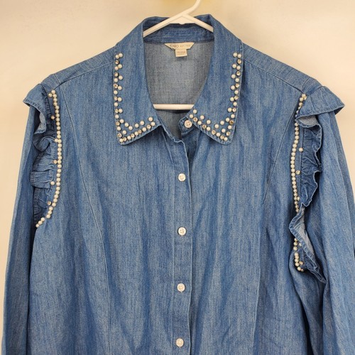 Camisa con Volantes Cato Azul Cambray Botón Frontal Western Glam Vaquera Nashville 18/ - Imagen 11 de 11