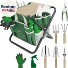 Garden Tool Set, 10 Piece Kit with Heavy Duty Folding Stool, Detachable Storage