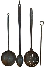 Antique Kitchen Tools Hand Forged Iron Set of 4 Ladle Spoon 18th 19th Colonial