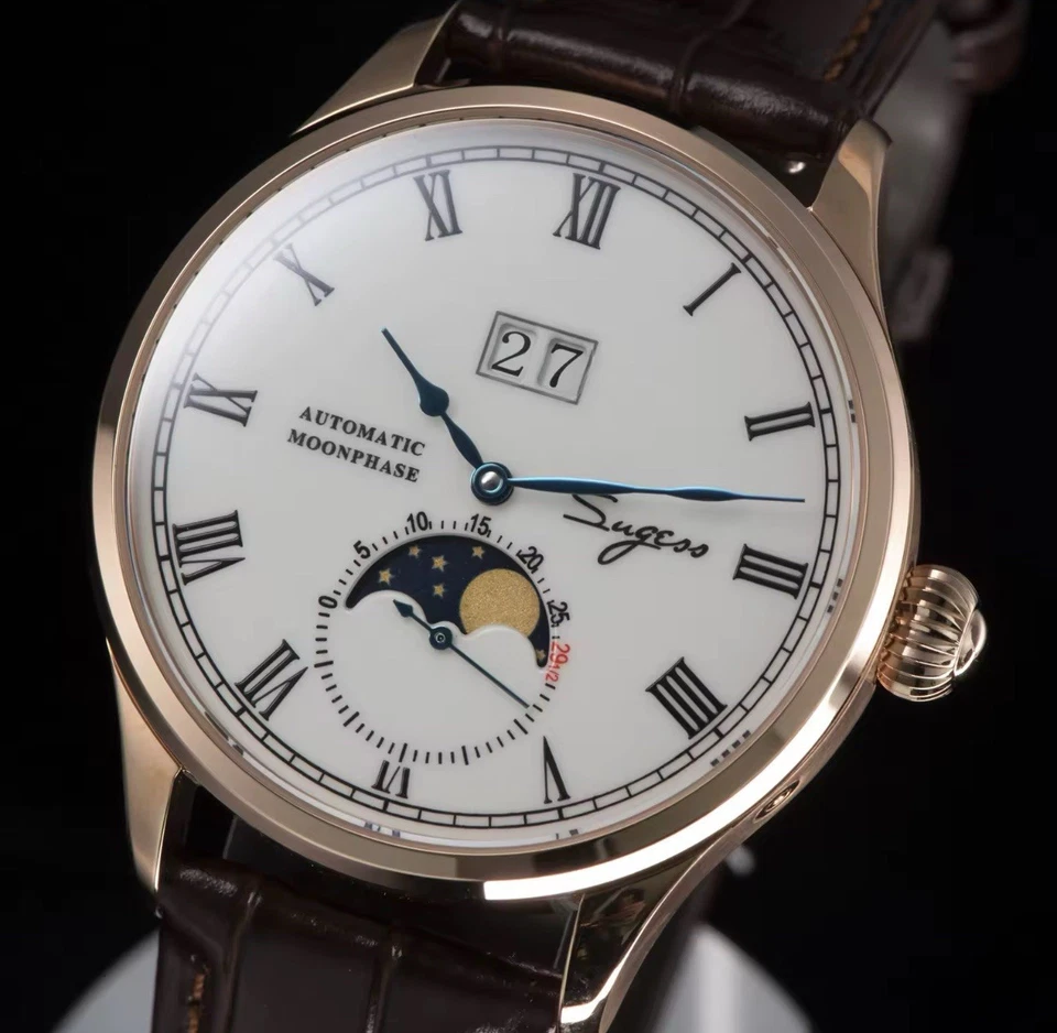 Reloj de vestir Seagull movimiento mecánico automático fase lunar para hombre piloto de lujo 100 Foto 4 de 4