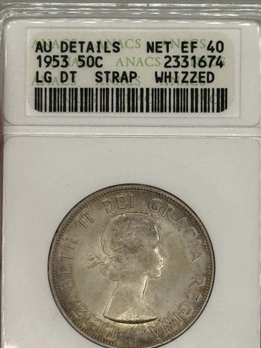 1953 Canada Fifty Cents Toned Large Date Straps "Whizzed" AU Details Net Ef 40