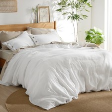 Bedsure Linen Cotton Blend Duvet Cover Queen 90x90 White 3pc Set