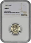 1943 D 1c Lincoln Steel Wheat Cent NGC Graded MS 67 New Holder with Toning
