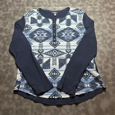 Chaps Womens Size XL Western Aztec-Pattern Knit Blue Long Sleeve Henley