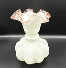 Fenton Rose crest white milk glass vase with pink ruffled edge ￼