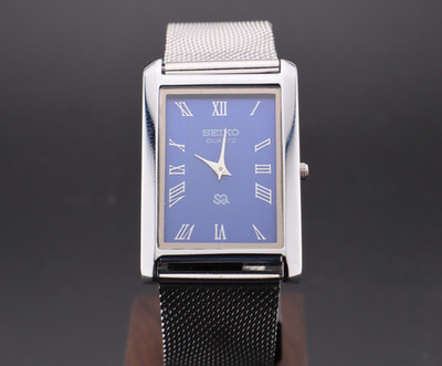 Vintage Seiko Slim Tonneau Tank BLUE DIAL Japanese Men's Wrist Watch