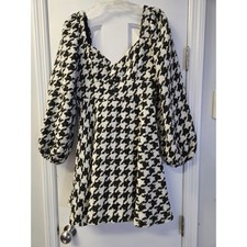 She + Sky Houndstooth Gold Metallic Puff Sleeve Mini Dress Black White L