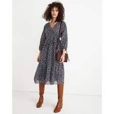 NEW Madewell Tie Waist Midi Dress in Harvest Deep Navy Vine Size XS