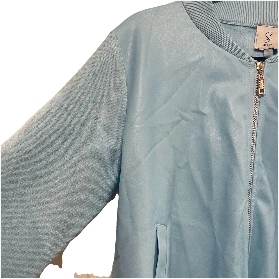 SIONI Azul Claro Imitación Cuero Suéter Chaqueta Bomber Talla L Foto 3 de 4