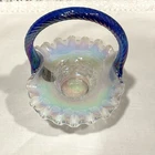 Fenton Glass French Opalescent Iridescent Mini Basket Cobalt Blue Twist Handle