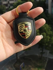 NEW GENUINE PORSCHE LEATHER CREST KEY RING FOB CHAIN BLACK WAP0500950E