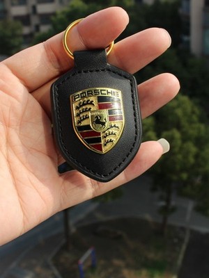 NEW GENUINE PORSCHE LEATHER CREST KEY RING FOB CHAIN BLACK WAP0500950E