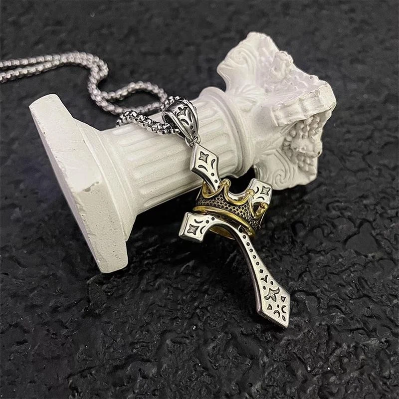 Mens Stainless Steel Cross Necklace with Gold Crown Pendant Christian Jewelry - Image 2 of 4