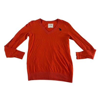 Vtg Y2K 2000s Abercrombie Orange V Neck Moose Logo Pullover Sweater Kids XL