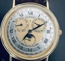 Vintage Rare Movado Day, Date & Moon Men's Swiss Watch Stainless Steel Case