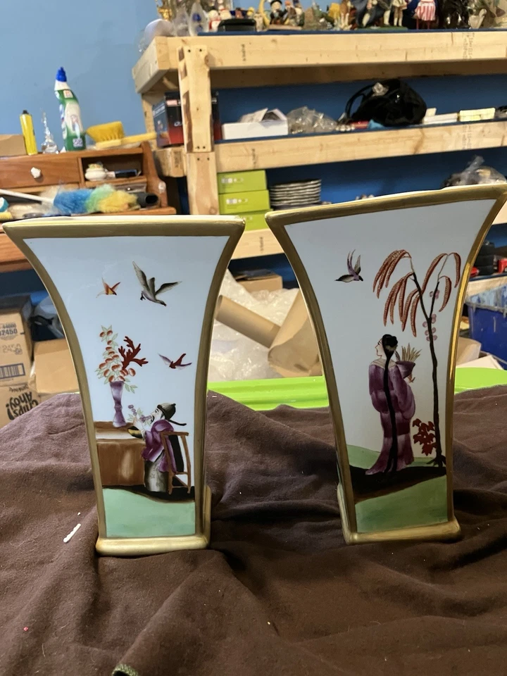 Matching Chelsea House Hand Painted Gold Trim Porcelain Vases 9" Tall - Image 3 of 4