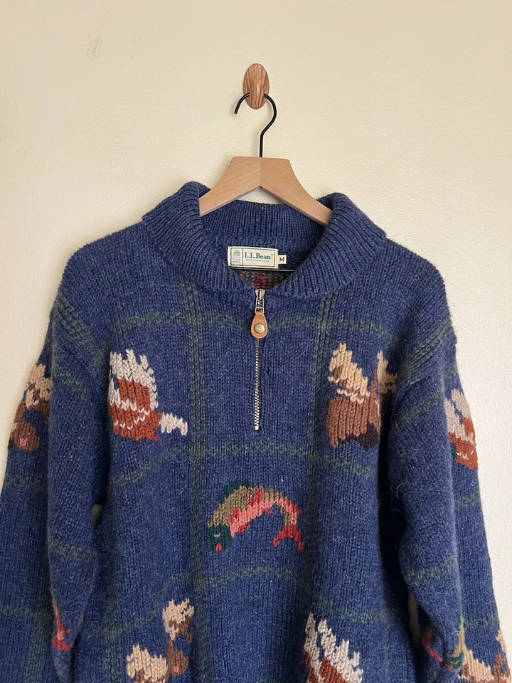 VTG L.L.Bean Animal Pattern Half-Zip Knit Sweater Size M Blue Mens 80s Vintage - Image 3 of 4