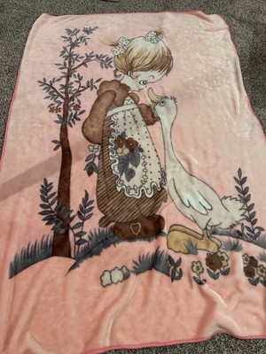VTG Korean Mink  Blanket Precious Moments Girl Goose Duck Pink Large 48 X68