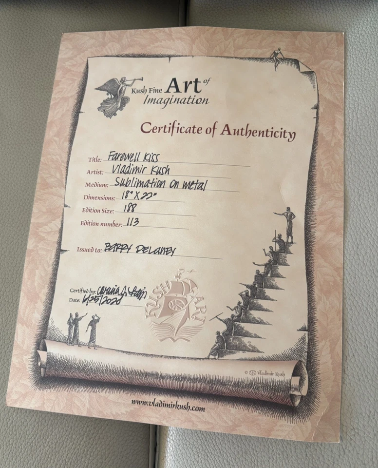 Vladimir Kush Enmarcado "Beso de despedida" Sublimación sobre metal Arte surrealista fino Foto 3 de 4