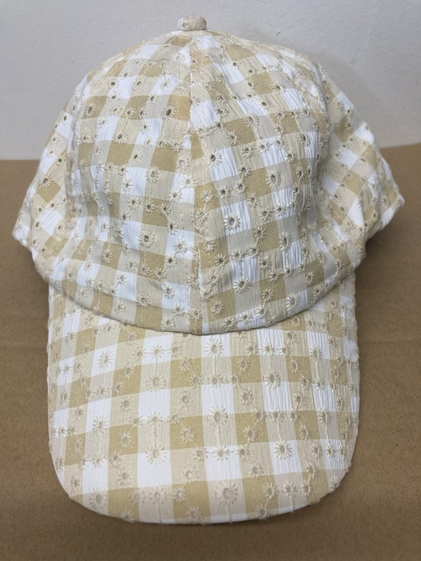 Nordstrom Rack Pretty GINGHAM CAP Pale Yellow /White With Flowers Adjustable OS