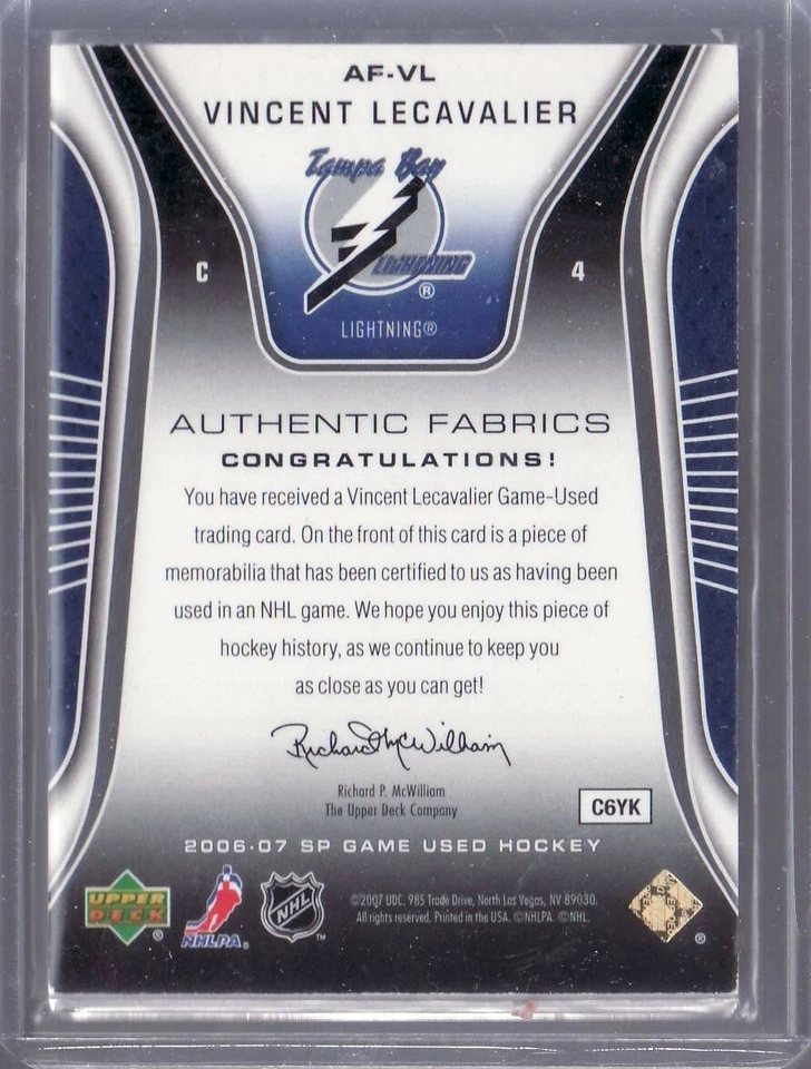 2006/07 VINCENT LECAVALIER  SP GAME USED AUTHENTIC FABRICS PATCH CARD 41/50  - Image 2 of 2