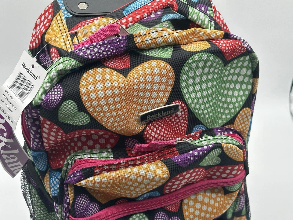 ROCKLAND ROLLING BACKPACK School Bag Travel Luggage Mesh Pockets New Heart 17″ - Image 2 of 4