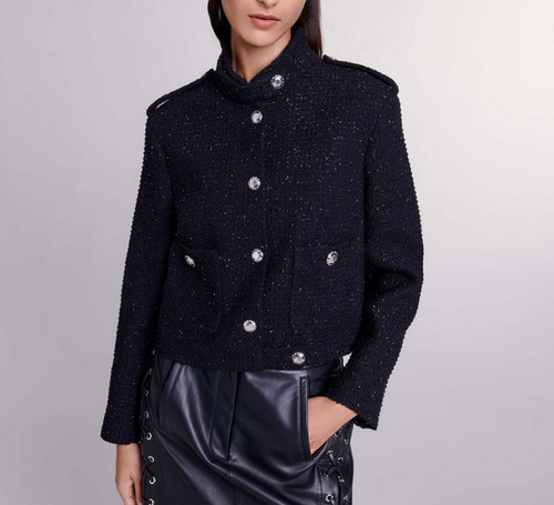 Maje Short Tweed Jacket Womens 40 (US L) Black Noir Military Button Metallic NEW