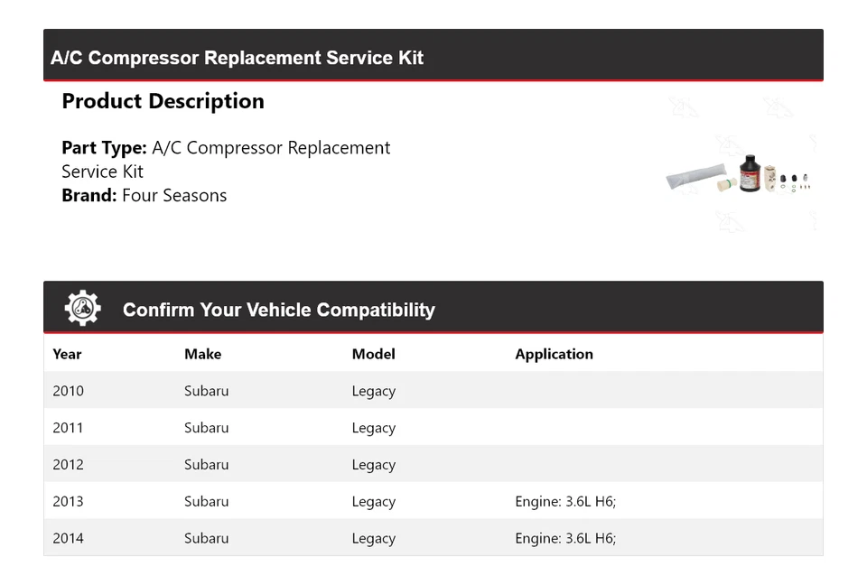 Kit de servicio de reemplazo de compresor de aire acondicionado Subaru Legacy 2010-2014 4 estaciones Foto 2 de 4