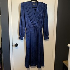 Vintage CJ Selections 80s Dress Blue V-Neck Floral Print Midi Small Office Party