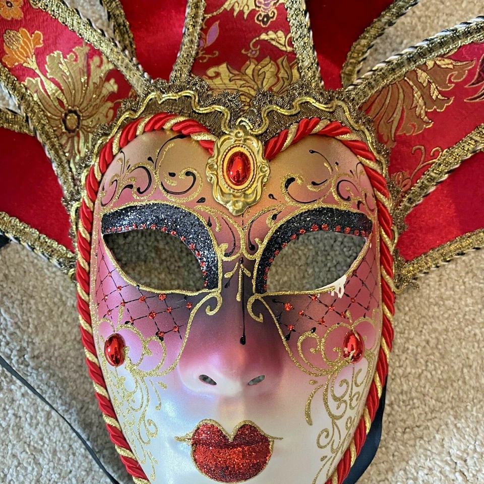 Red Venetian Masquerade Mask Hand Painted In Venice Italy Original     - Image 3 of 4