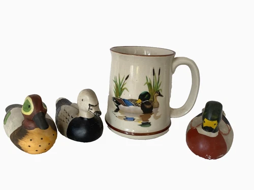 Set Of 3 Hand Painted Decoy Mallard Ceramic Ducks & Heavy Stoneware Duck Mug