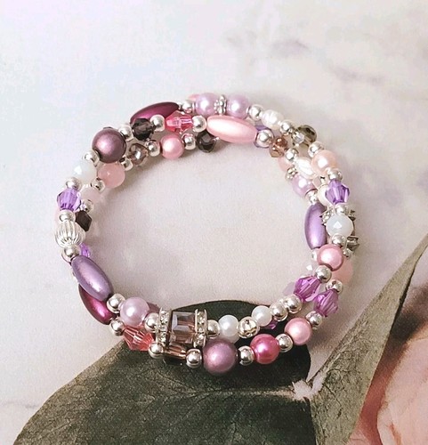Sylvie's Edelstahl Spiral Armband  Kristallen, Perlen, lila, rosa, Unikat/0474 - Bild 2 von 2