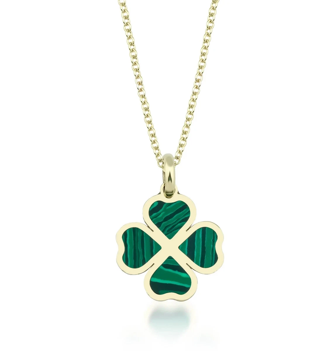 14K Yellow Gold Malachite Four Leaf Clover Necklace, Irish Lucky Charm