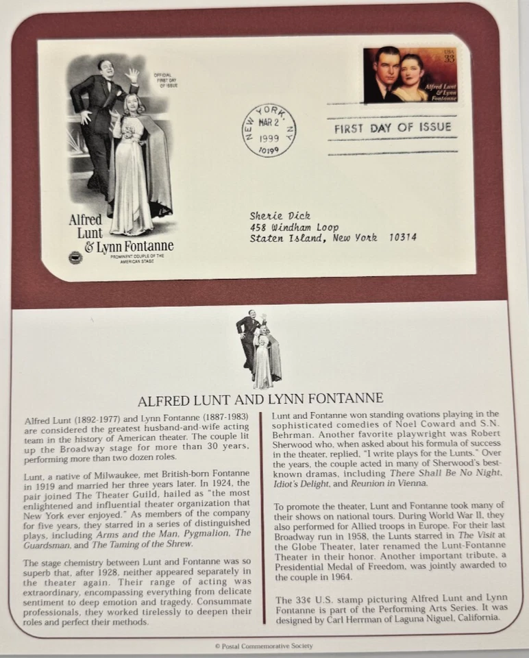 Alfred Lunt And Lynn Fontanne Prominent Couple Of The American Stage 1999 Stamp - Image 2 of 2