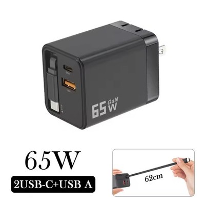 65W GaN 3-in-1 Retractable USB-C&USB-A Charger US/UK/EU Universal Wall Charger