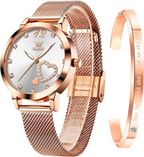 Set de regalo de reloj de mujer con pulsera de oro rosa sencillo y fino US NUEVO