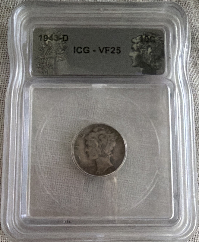 ICG VF25 1943-D Mercury Dime 10C Denver 0.9 Silver Business Strike