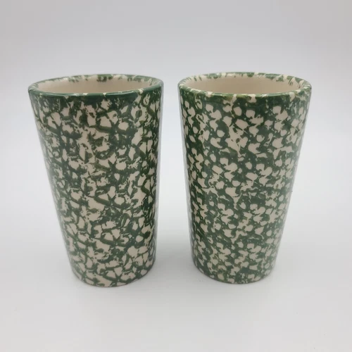 Henn Workshops Pottery Green Spongeware Set Of 2 Large Drinking Tumblers