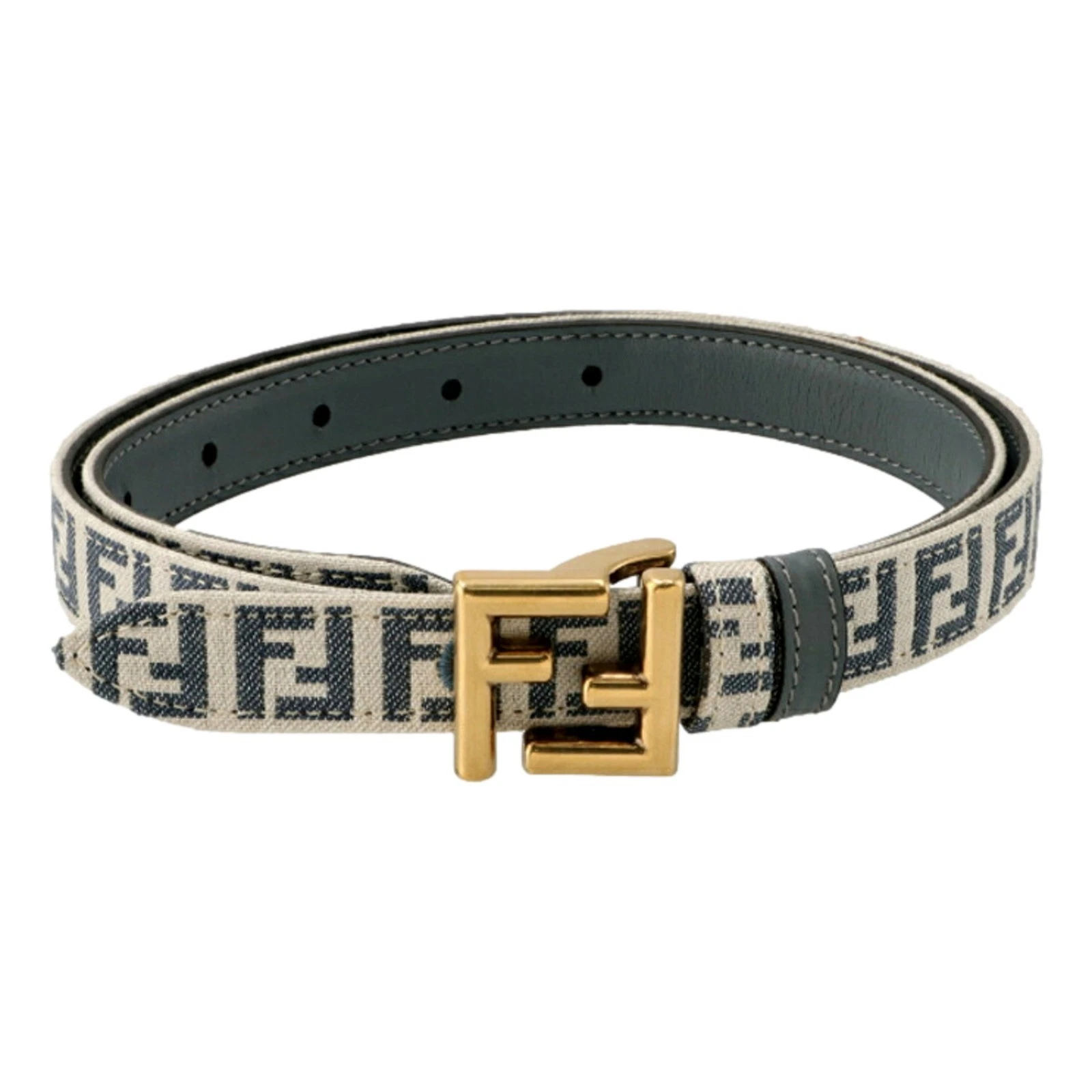 Fendi — Fendi FF Denim Blue and White Canvas Leather Reversible Skinny Belt 90 NEW