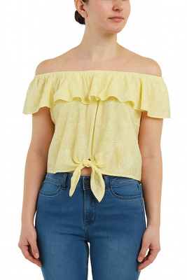 BCX Embroidered Off-the-Shoulder Floral Ruffle Tie-Front Top Yellow Women's L