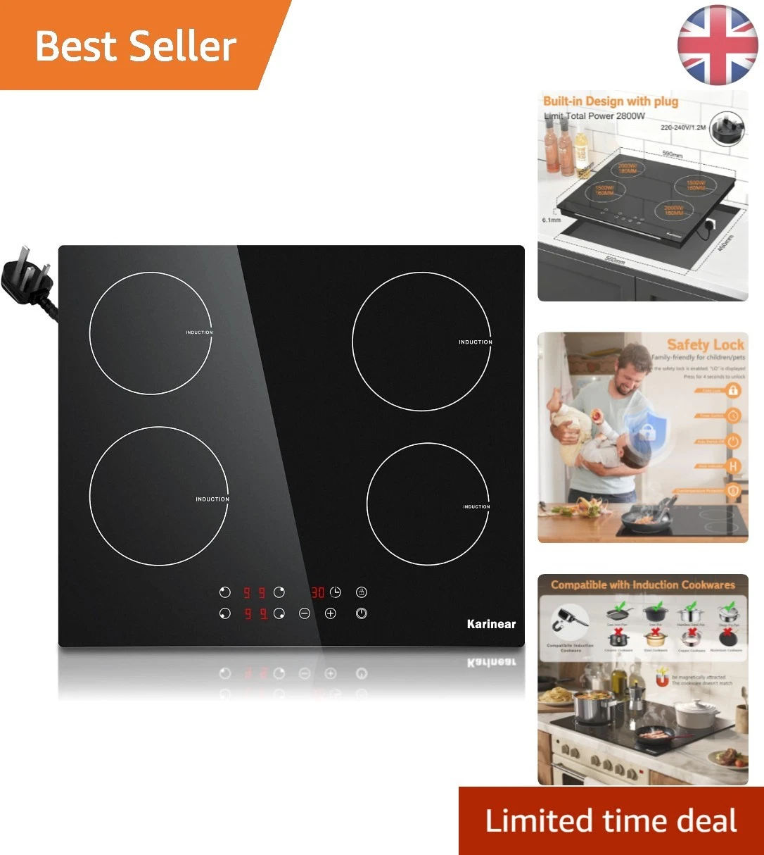 Versatile 60cm Built-in Induction Cooker with 9 Power Settings & Safety Lock