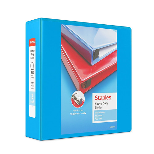3" Staples Heavy-Duty View Binder with D-Rings Light Blue 976042