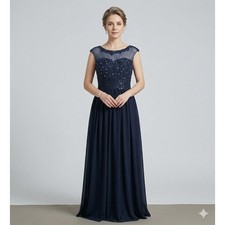 SALE Navy Lace Sequin Evening Gown Women Size M Formal Maxi Dress Wedding Gala