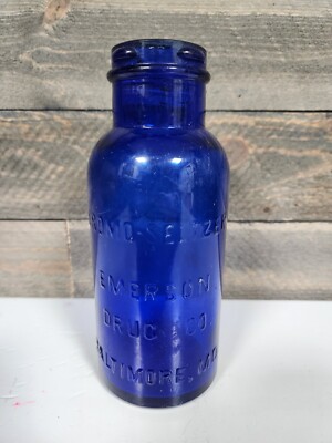 VINTAGE BLUE BROMO SELTZER EMERSON DRUG CO BALTIMORE MD BOTTLE WITH CORK 6 1/2''