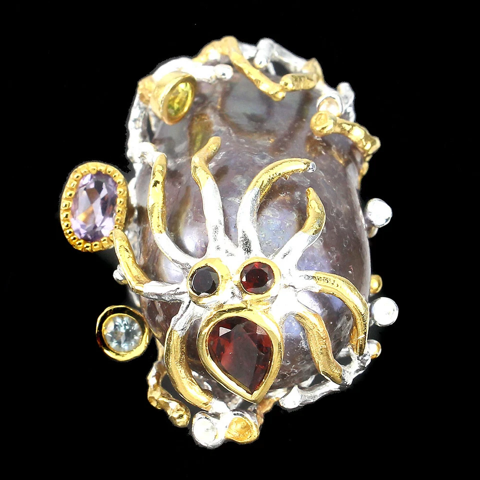 Anillo de plata de ley 925 con perlas 28x17 mm amatista peridoto piedras preciosas joyería talla 7,5 Foto 2 de 4